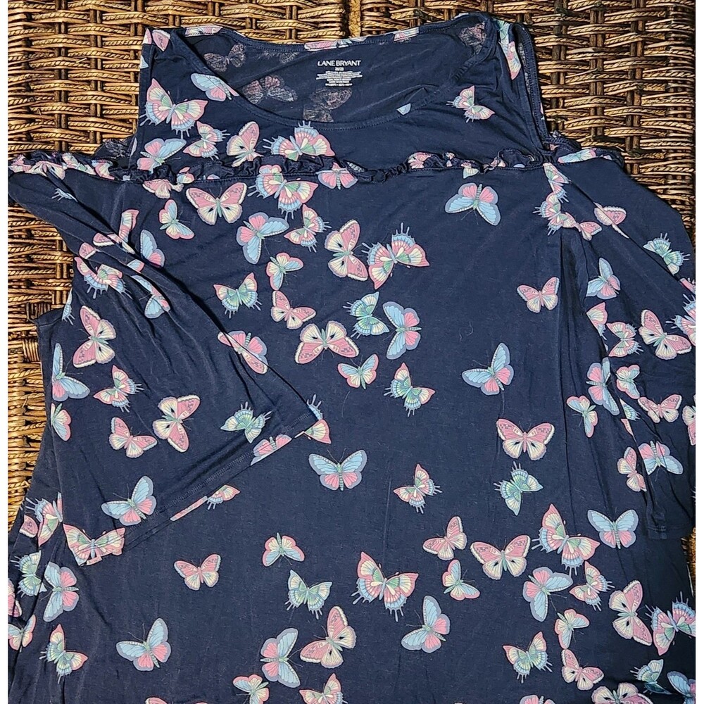 Lane Bryant Open Shoulder 3/4 Sleeve Tunic 26/28 Plus Navy Butterflies Fairycore